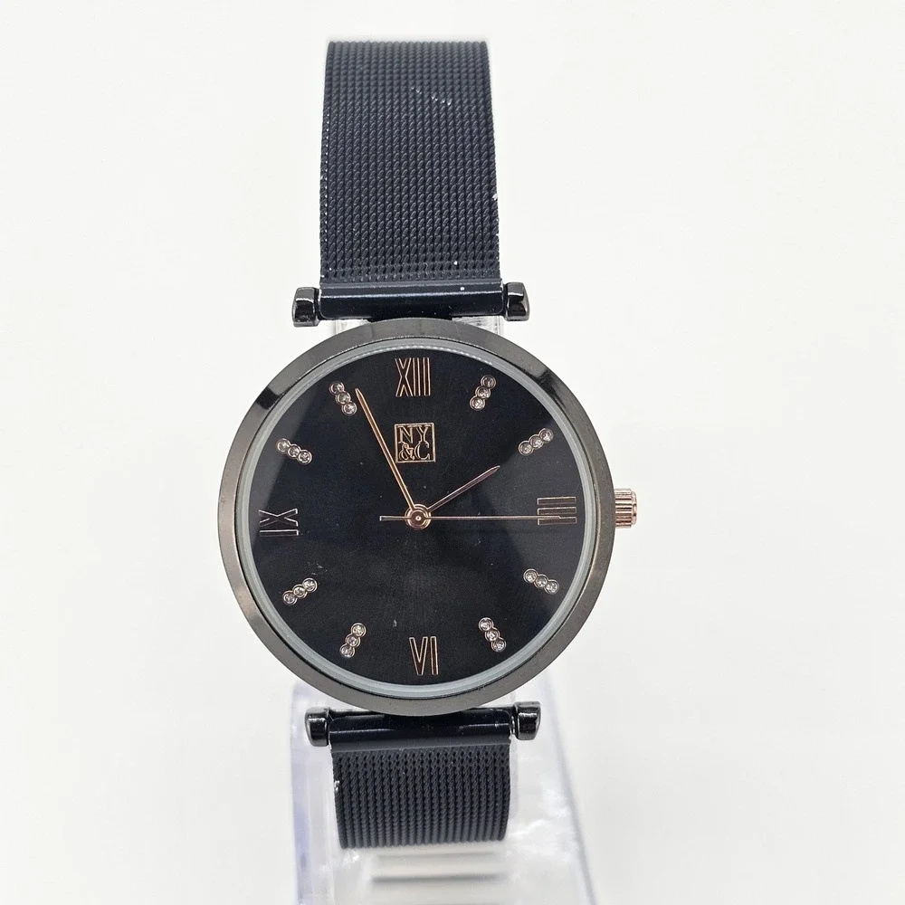 NYC Women's Analog Watch 13MM Black Dial Black Mesh Bands NEW Battery